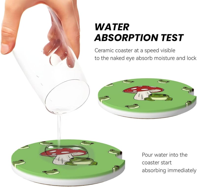 GACCAP Car Coasters for Cup Holders, 2 Pack Absorbent Ceramics Anti Slip Universal 2.56 Inch Car Cup Coaster for Women Men, Car Interior Accessories - Cute Frog Mushroom - Image 4